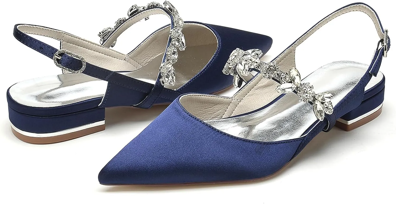 Women's Slingback Satin Wedding Flats Rhinestone Bridal Shoes Pointed Toe Prom Evening Bridal Party Dress Flats
