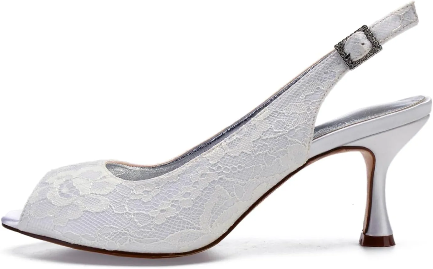 Women's Slingback Wedding Shoes Lace for Bridal Mid Heels Sandals Peep Toe Evening Dress Buckle Pumps