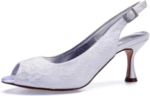 Women's Slingback Wedding Shoes Lace for Bridal Mid Heels Sandals Peep Toe Evening Dress Buckle Pumps