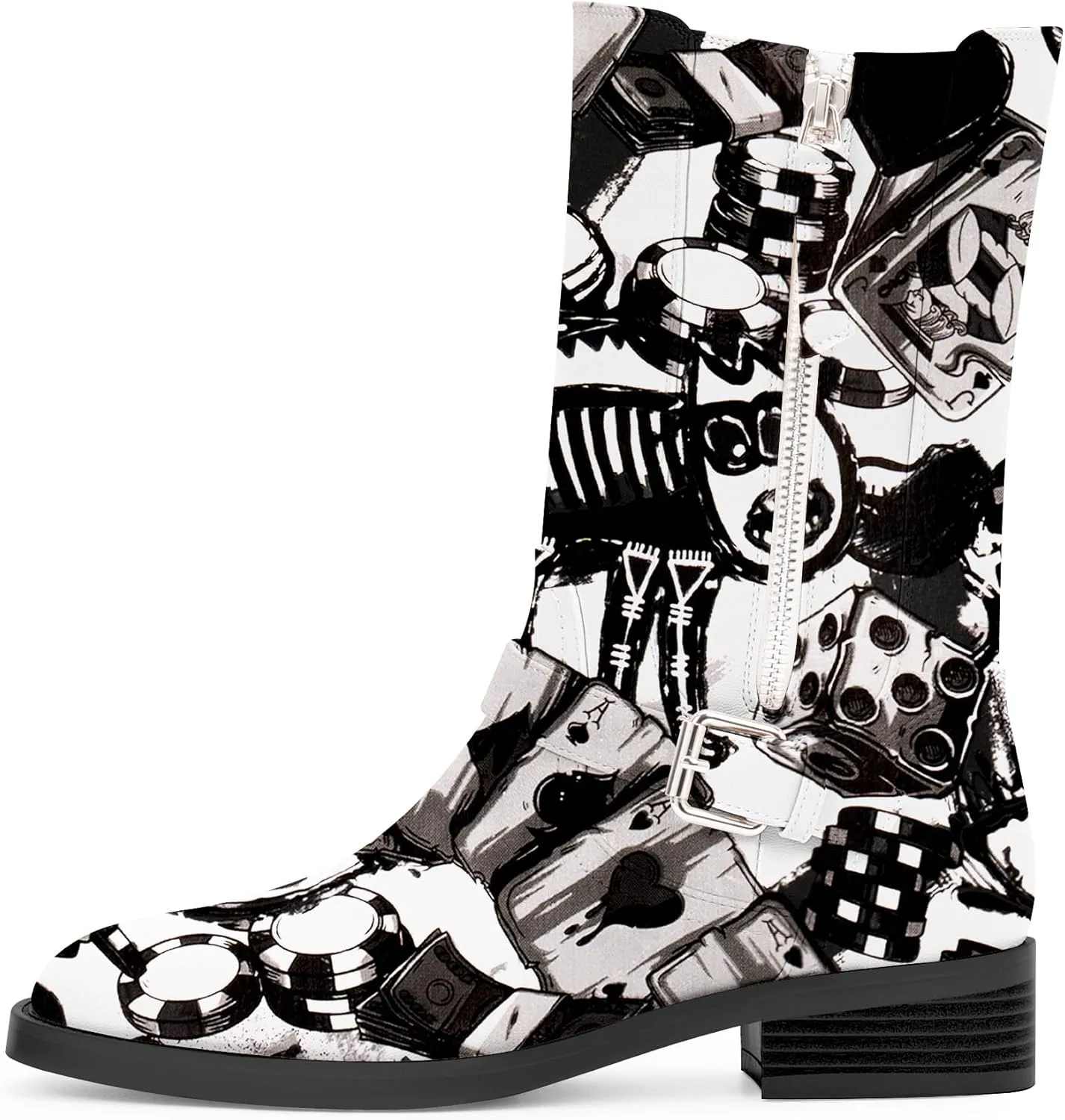 Women's Slip On Low Chunky Heel Buckle Strap Biker Mid Calf Boots