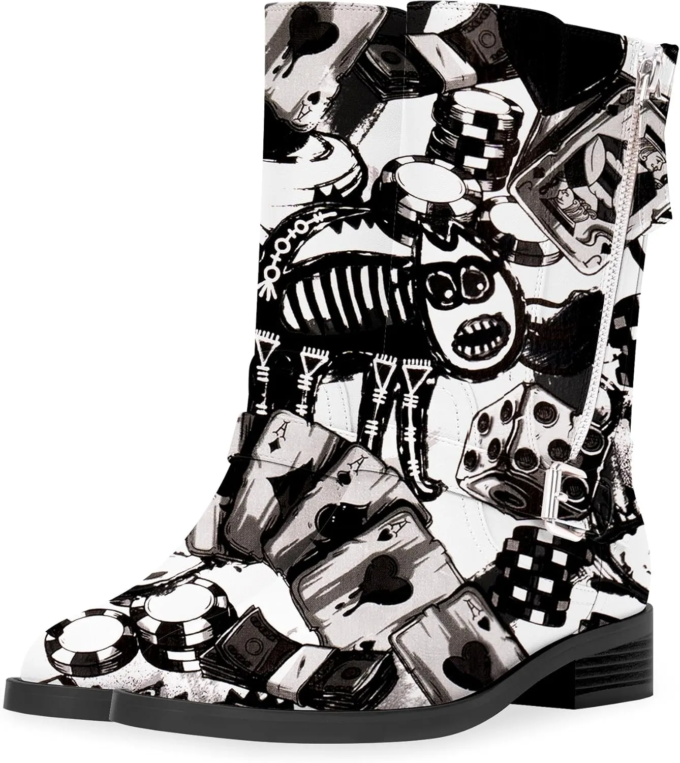 Women's Slip On Low Chunky Heel Buckle Strap Biker Mid Calf Boots