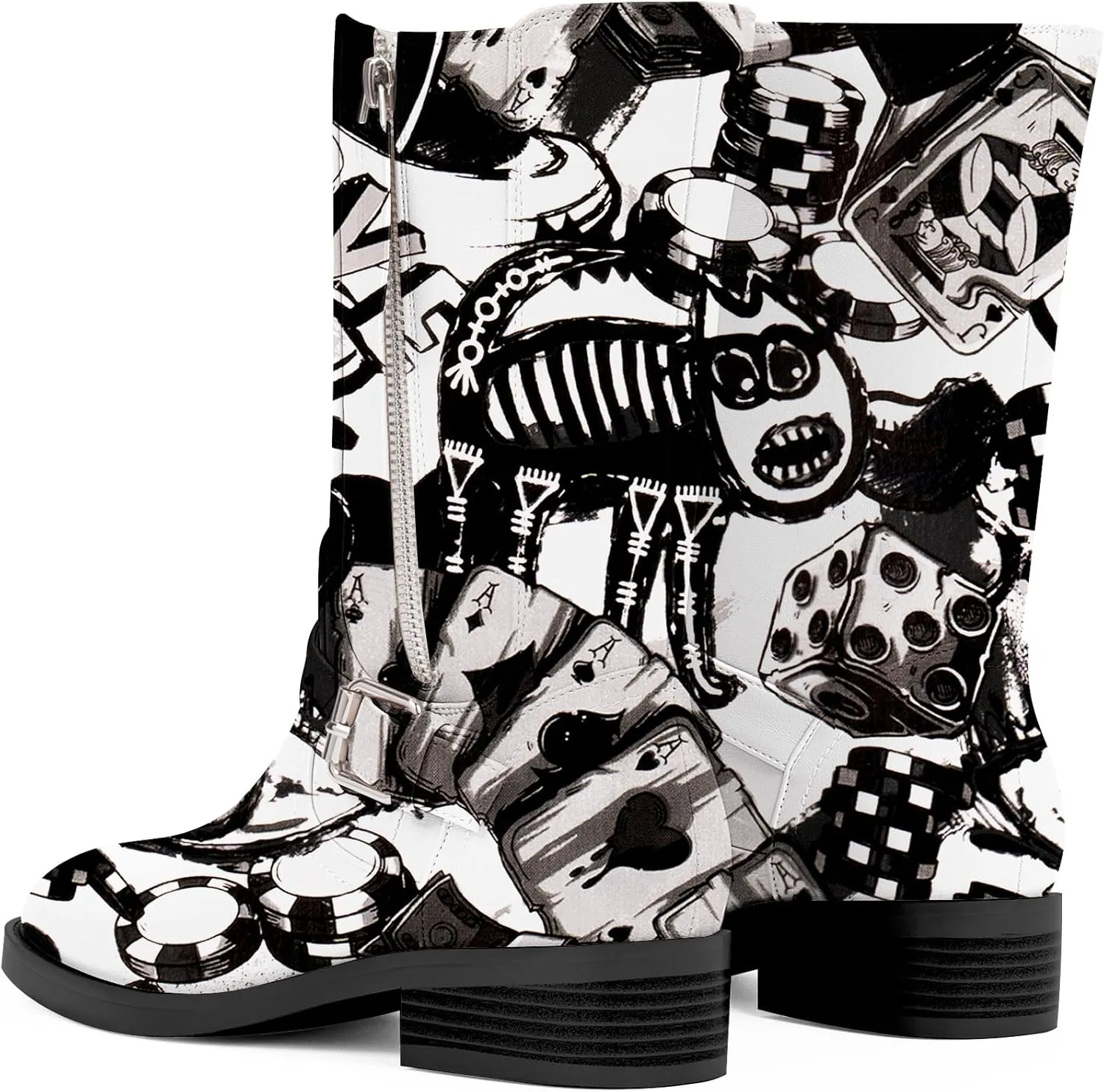 Women's Slip On Low Chunky Heel Buckle Strap Biker Mid Calf Boots