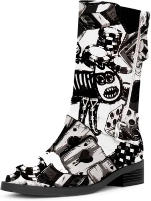 Women's Slip On Low Chunky Heel Buckle Strap Biker Mid Calf Boots