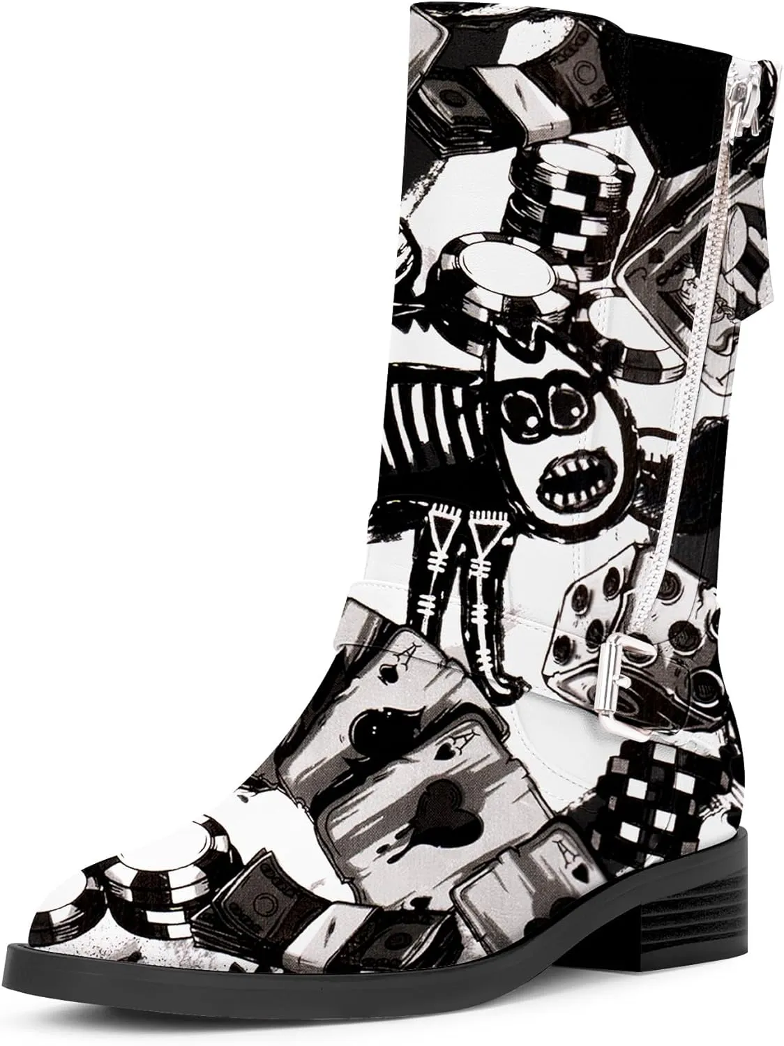 Women's Slip On Low Chunky Heel Buckle Strap Biker Mid Calf Boots