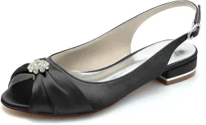 Womens Slip On Wedding Dress Shoes Peep Toe Low Heel Bridal Shoes Slingback Sandals Satin Evenging Party Work Flat Rhinestone Sling Back Sandals