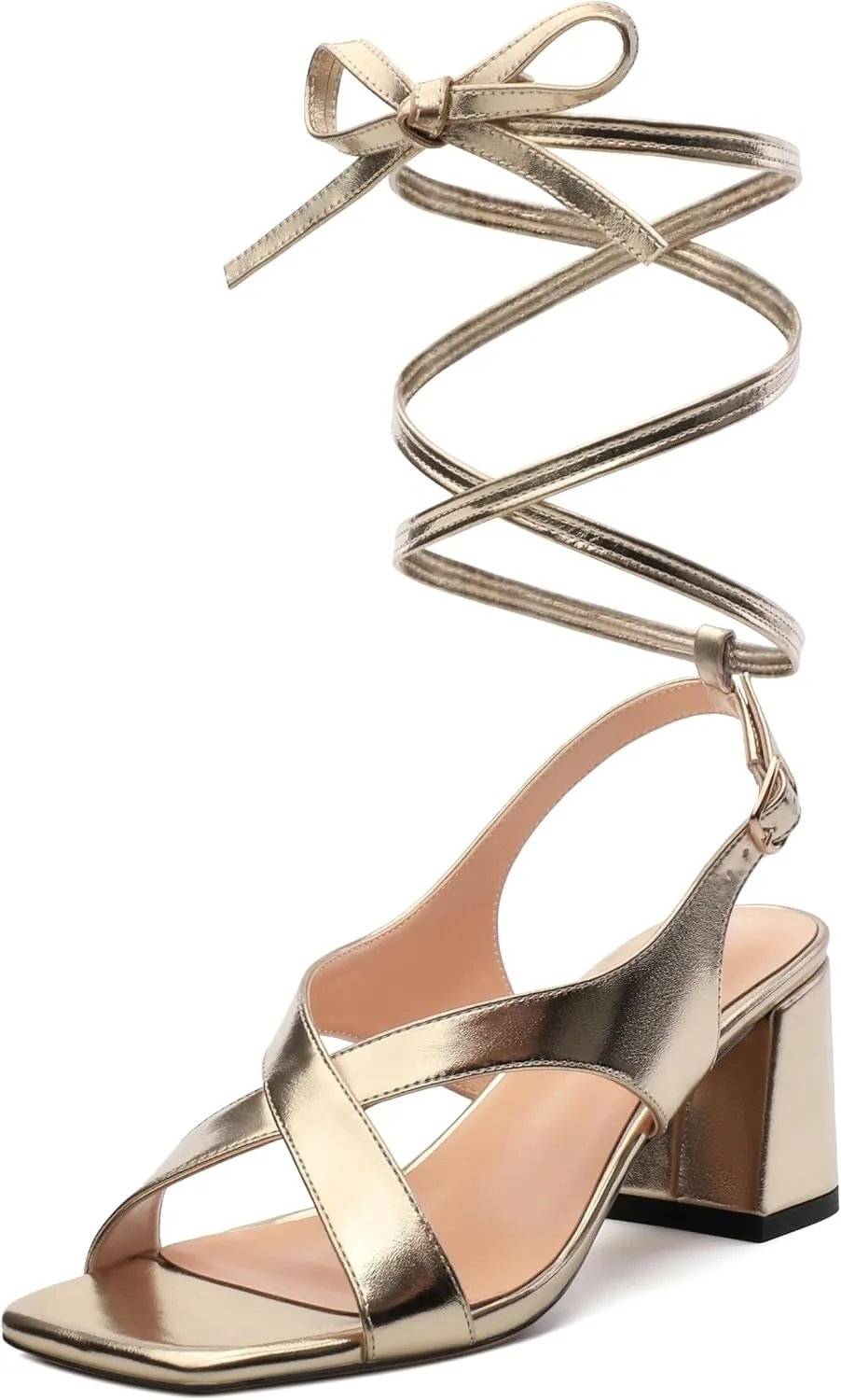 Womens Square Toe Lace up Sandals, Criss-cross Straps Low Block Heel Sandals, Open Toe Slingback Sandals with Buckle for Women, Metallic Dress Shoes 2.5"