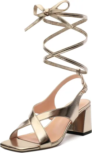 Womens Square Toe Lace up Sandals, Criss-cross Straps Low Block Heel Sandals, Open Toe Slingback Sandals with Buckle for Women, Metallic Dress Shoes 2.5"