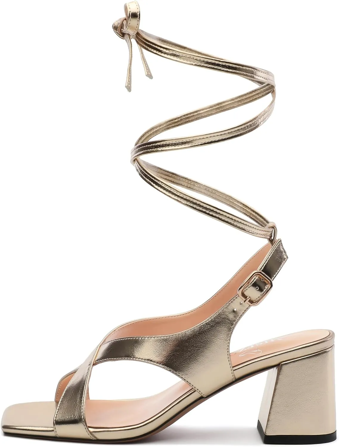 Womens Square Toe Lace up Sandals, Criss-cross Straps Low Block Heel Sandals, Open Toe Slingback Sandals with Buckle for Women, Metallic Dress Shoes 2.5"
