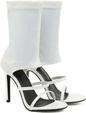 Women's Stiletto Heel Boots Stretchy Cloth Pull-on Peep Open Toe Two Strap Sexy Gladiator Sandals for Summer