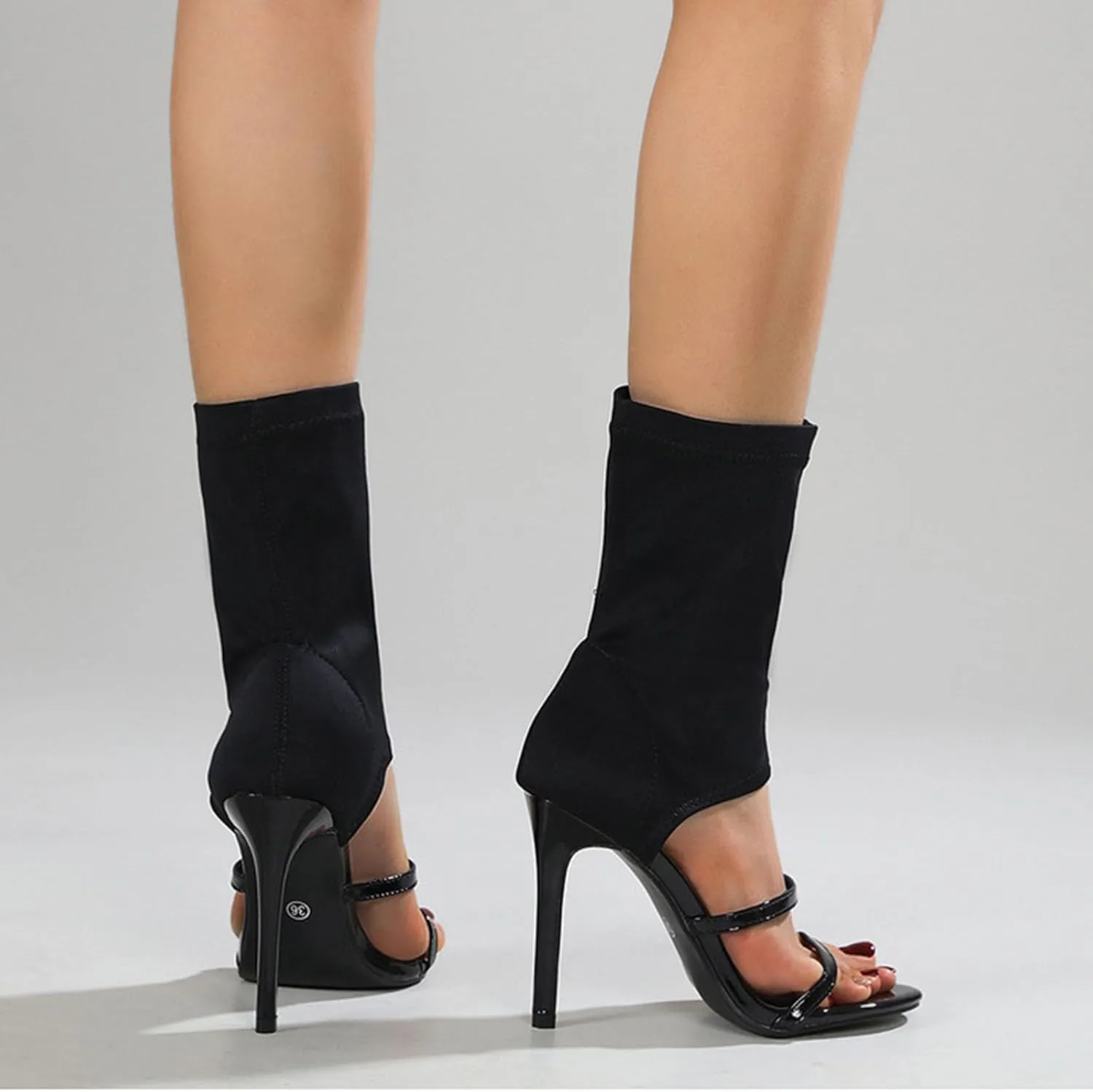 Women's Stiletto Heel Boots Stretchy Cloth Pull-on Peep Open Toe Two Strap Sexy Gladiator Sandals for Summer