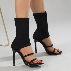 Women's Stiletto Heel Boots Stretchy Cloth Pull-on Peep Open Toe Two Strap Sexy Gladiator Sandals for Summer