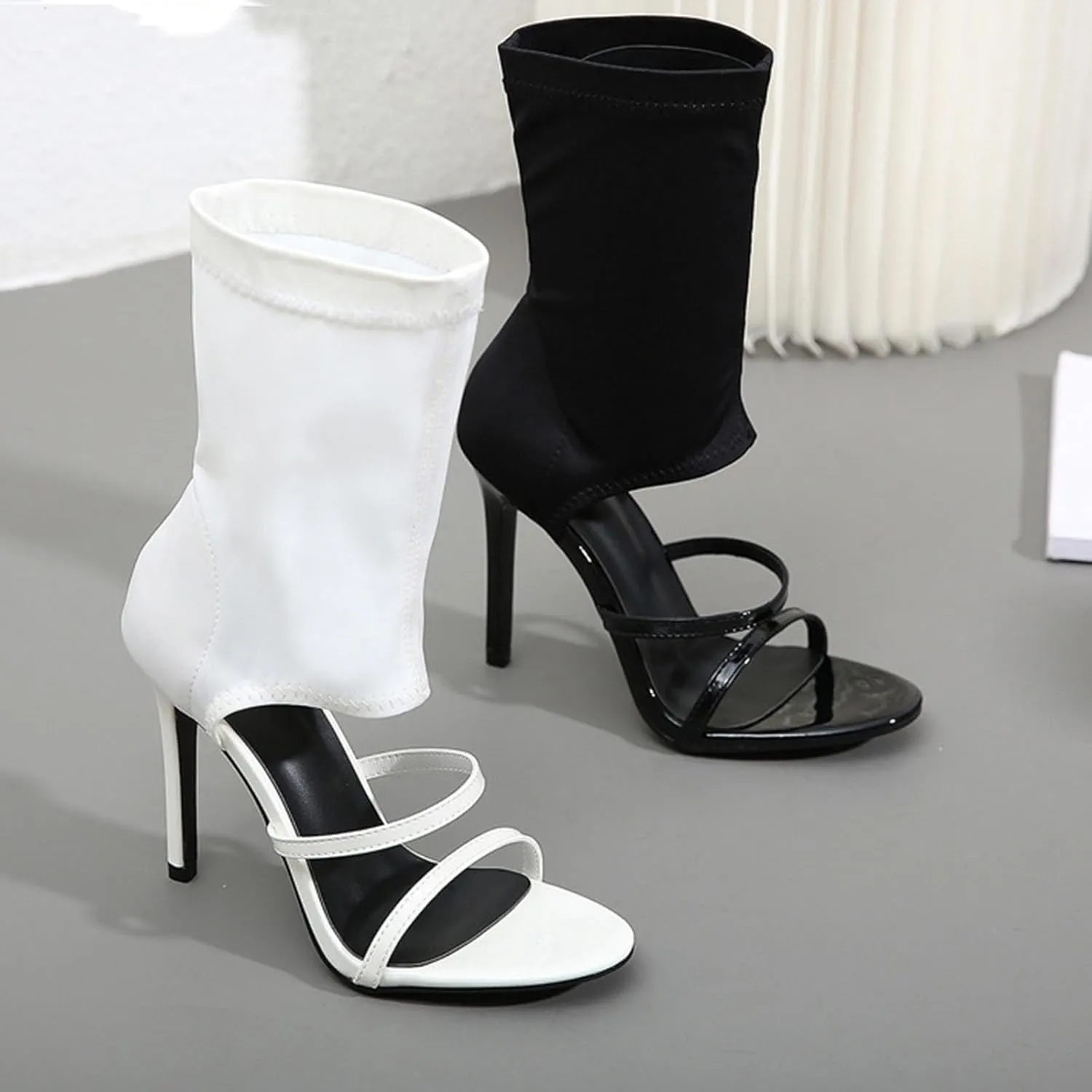 Women's Stiletto Heel Boots Stretchy Cloth Pull-on Peep Open Toe Two Strap Sexy Gladiator Sandals for Summer