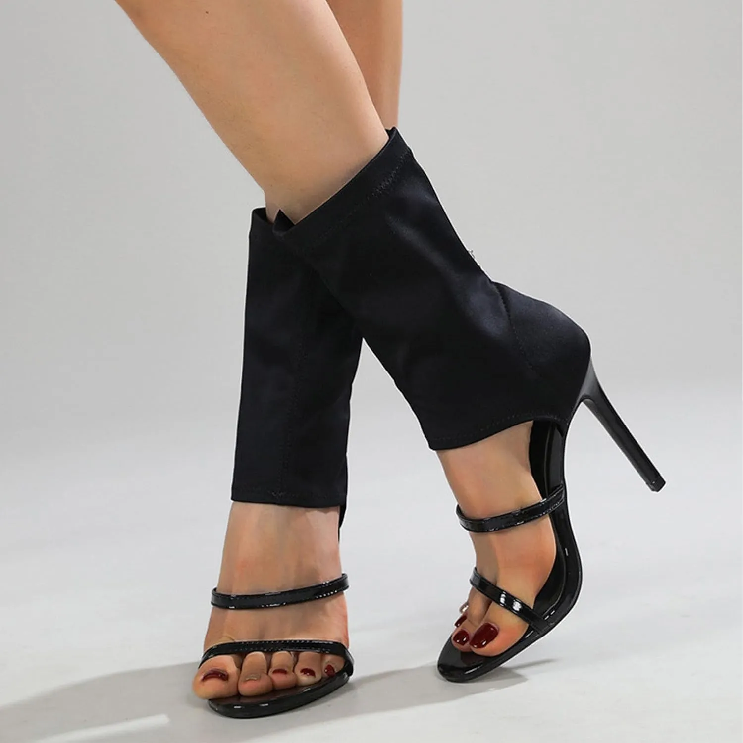 Women's Stiletto Heel Boots Stretchy Cloth Pull-on Peep Open Toe Two Strap Sexy Gladiator Sandals for Summer