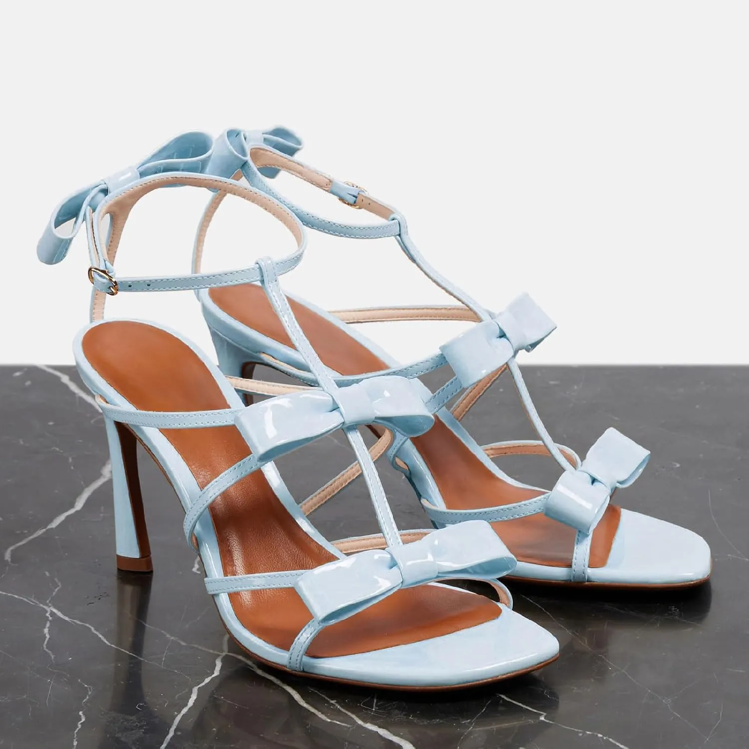 Women's Stiletto Heel Square Open Toe Sandals Fashion Satin/Patent Leather Bows Ankle Strap with Buckle Heeled Sandals Prom Party High Heel Shoes for Summer