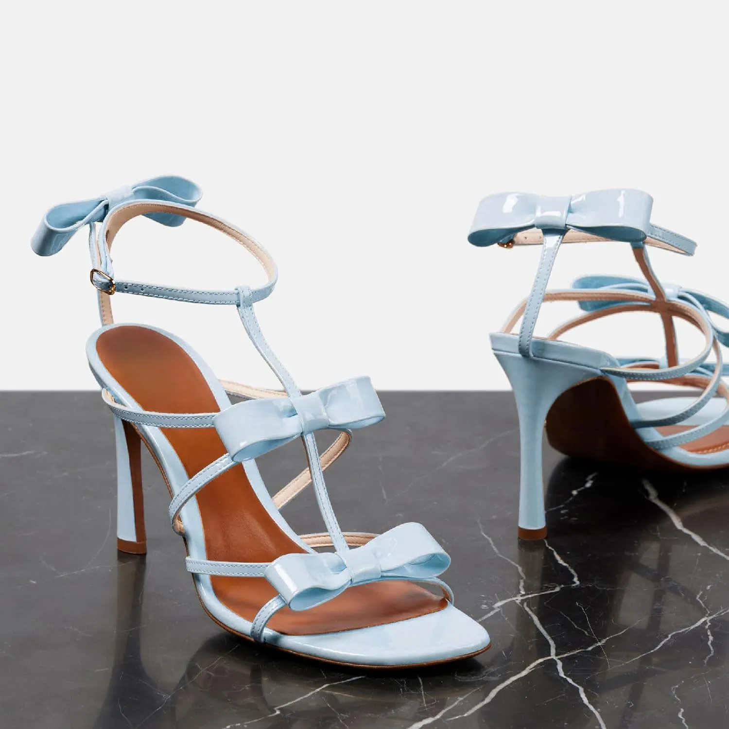 Women's Stiletto Heel Square Open Toe Sandals Fashion Satin/Patent Leather Bows Ankle Strap with Buckle Heeled Sandals Prom Party High Heel Shoes for Summer