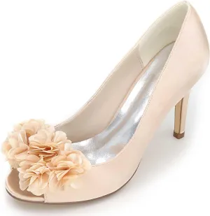Women's Stiletto High Heels - Lace Satin Slip-On Open Toe Pumps for Classic Wedding & Party Dress Shoes