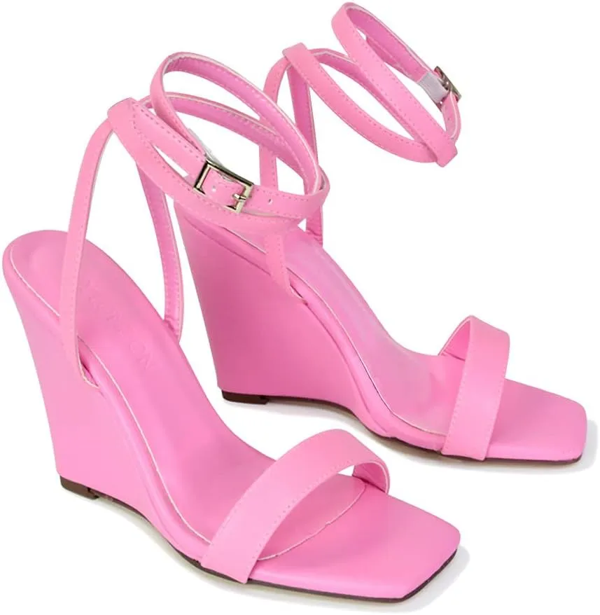 Womens Strappy Ankle Strap Wedge Heel Sandals Ladies Square Toe Shoes Size