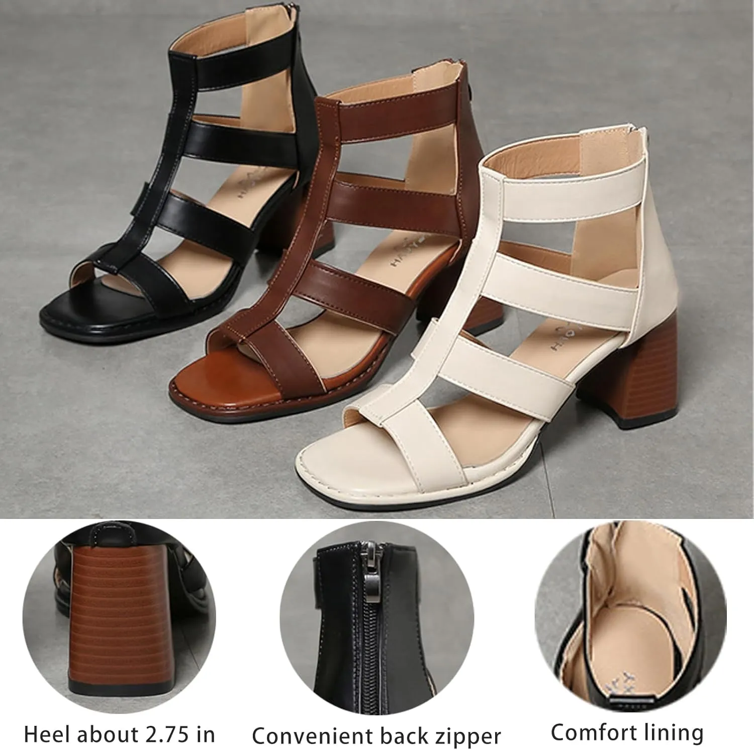 Women's Strappy Chunky Heel Roman Gladiator Sandals Comfort Open Toe Back Zipper High Top Heeled Sandals For Formal Wear Casual Party Everyday Wear