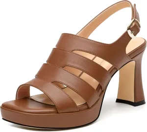 Women's thick soled sandals, square open toe thick heel women's ankle strap sandals, buckle leather insole sandals 3.3 inches, sexy thick heel sandals
