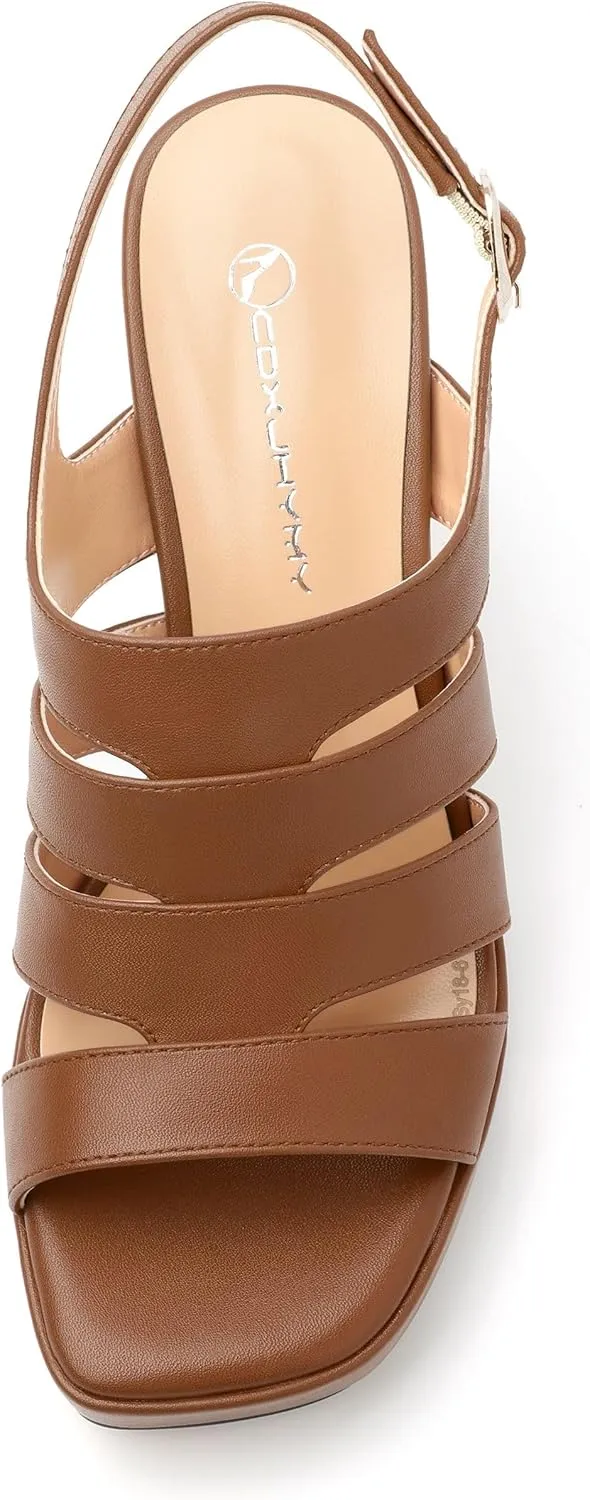 Women's thick soled sandals, square open toe thick heel women's ankle strap sandals, buckle leather insole sandals 3.3 inches, sexy thick heel sandals