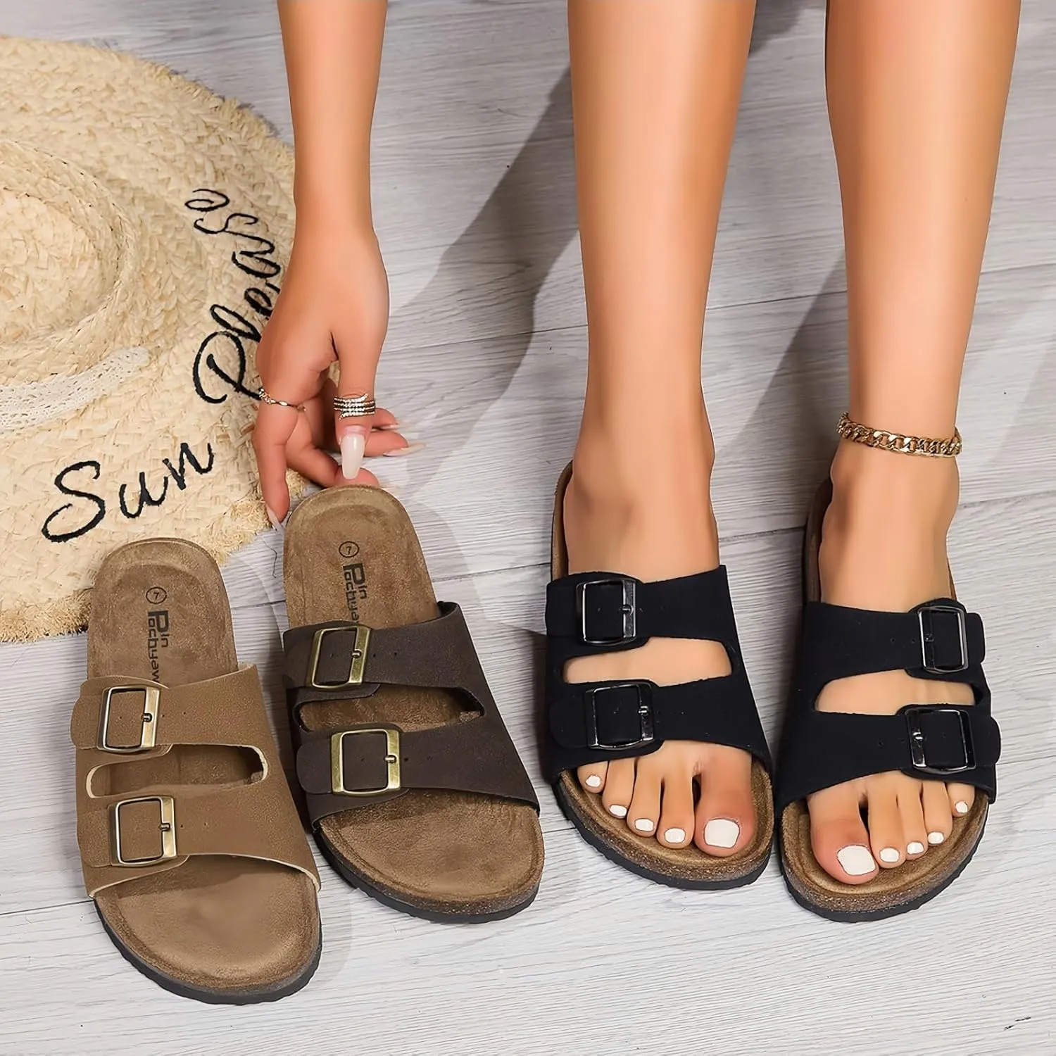 Women's Two Buckle Cork Footbed Sandals Adjustable Womes Sandals Black Brown Tan Available