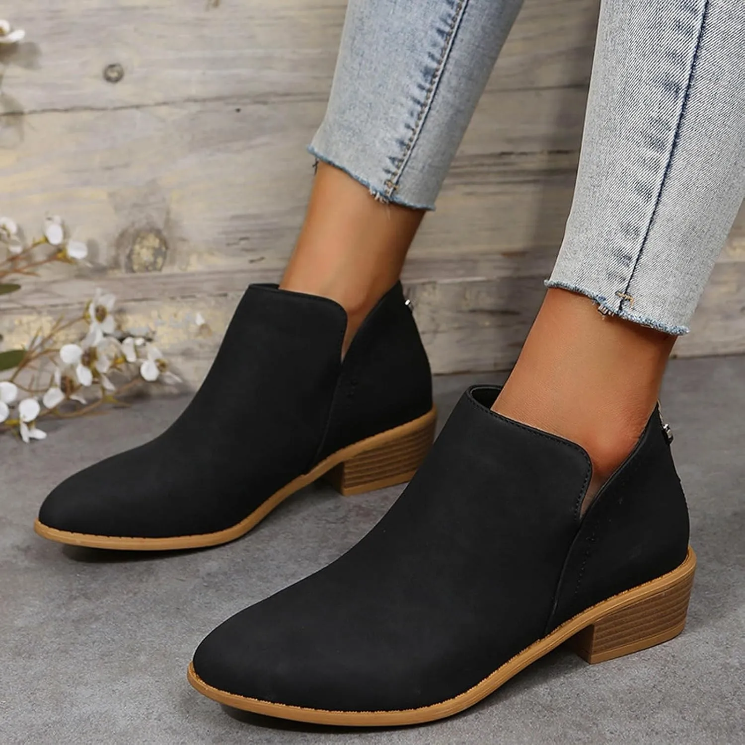 Womens V Cutout Ankle Boots Fashion Pointed Toe Chunky Stacked Heel Western Booties Zip Up Cowboy Boots Shoes Suede Chunky Low Heel Pull On Short Fall Winter Work Boots