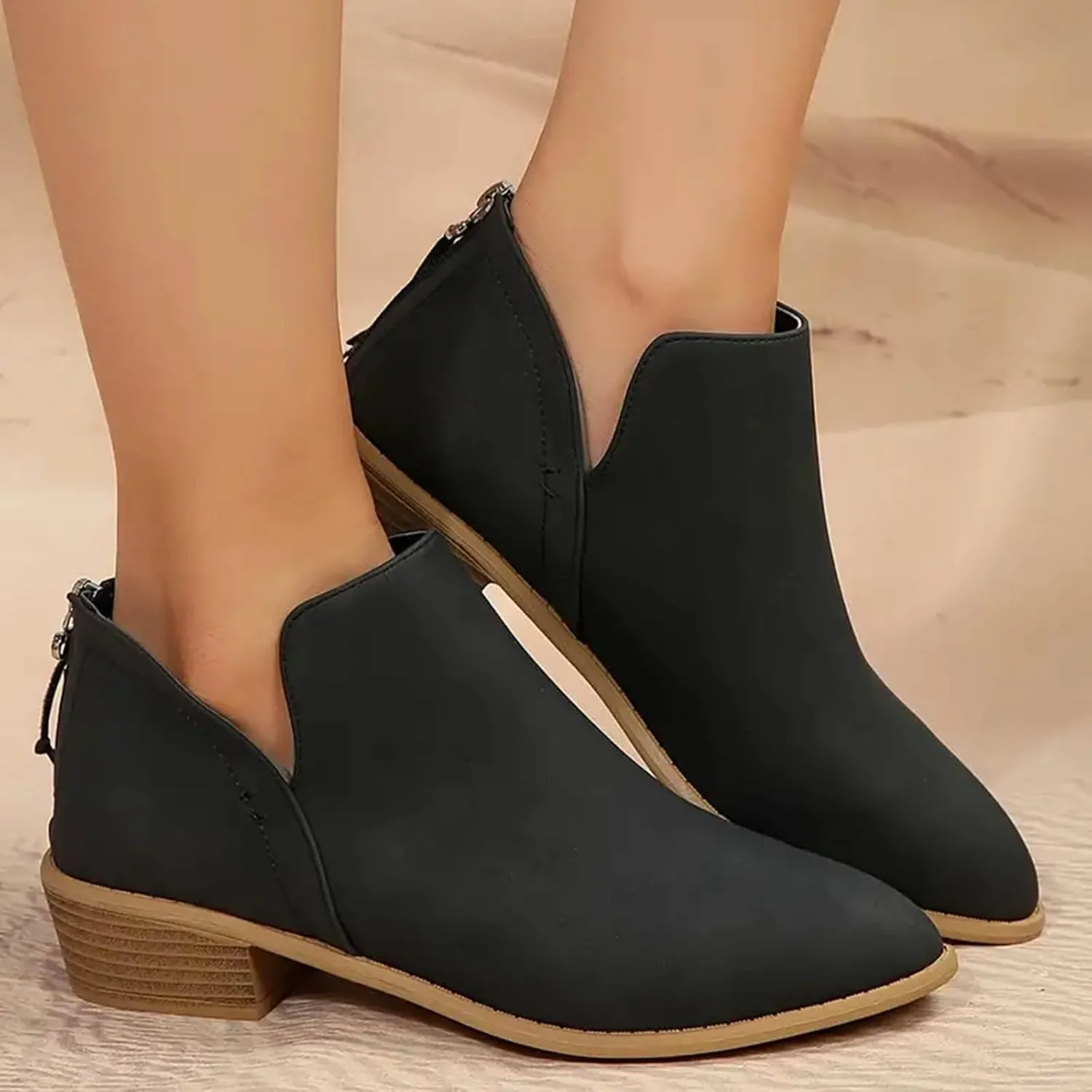 Womens V Cutout Ankle Boots Fashion Pointed Toe Chunky Stacked Heel Western Booties Zip Up Cowboy Boots Shoes Suede Chunky Low Heel Pull On Short Fall Winter Work Boots