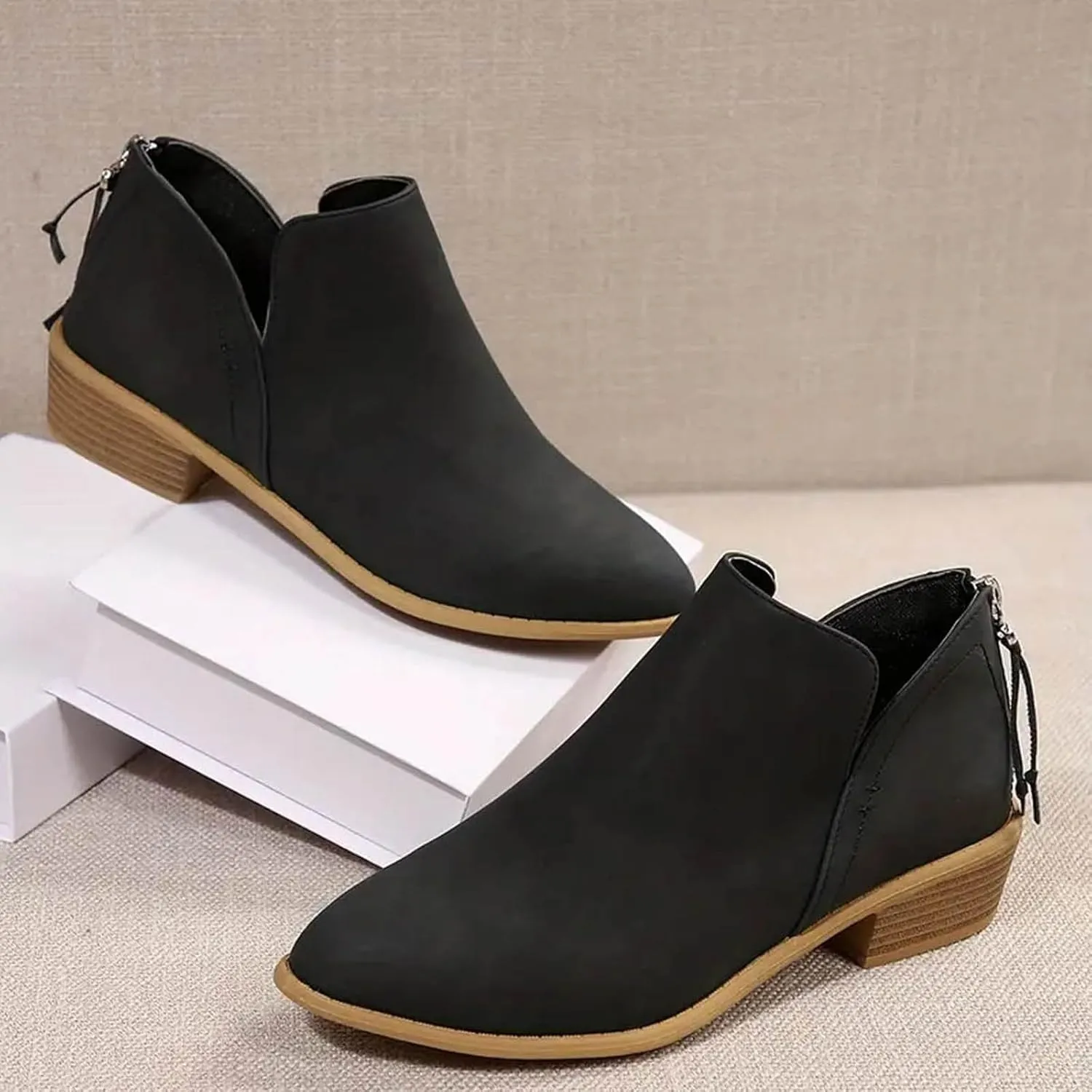 Womens V Cutout Ankle Boots Fashion Pointed Toe Chunky Stacked Heel Western Booties Zip Up Cowboy Boots Shoes Suede Chunky Low Heel Pull On Short Fall Winter Work Boots