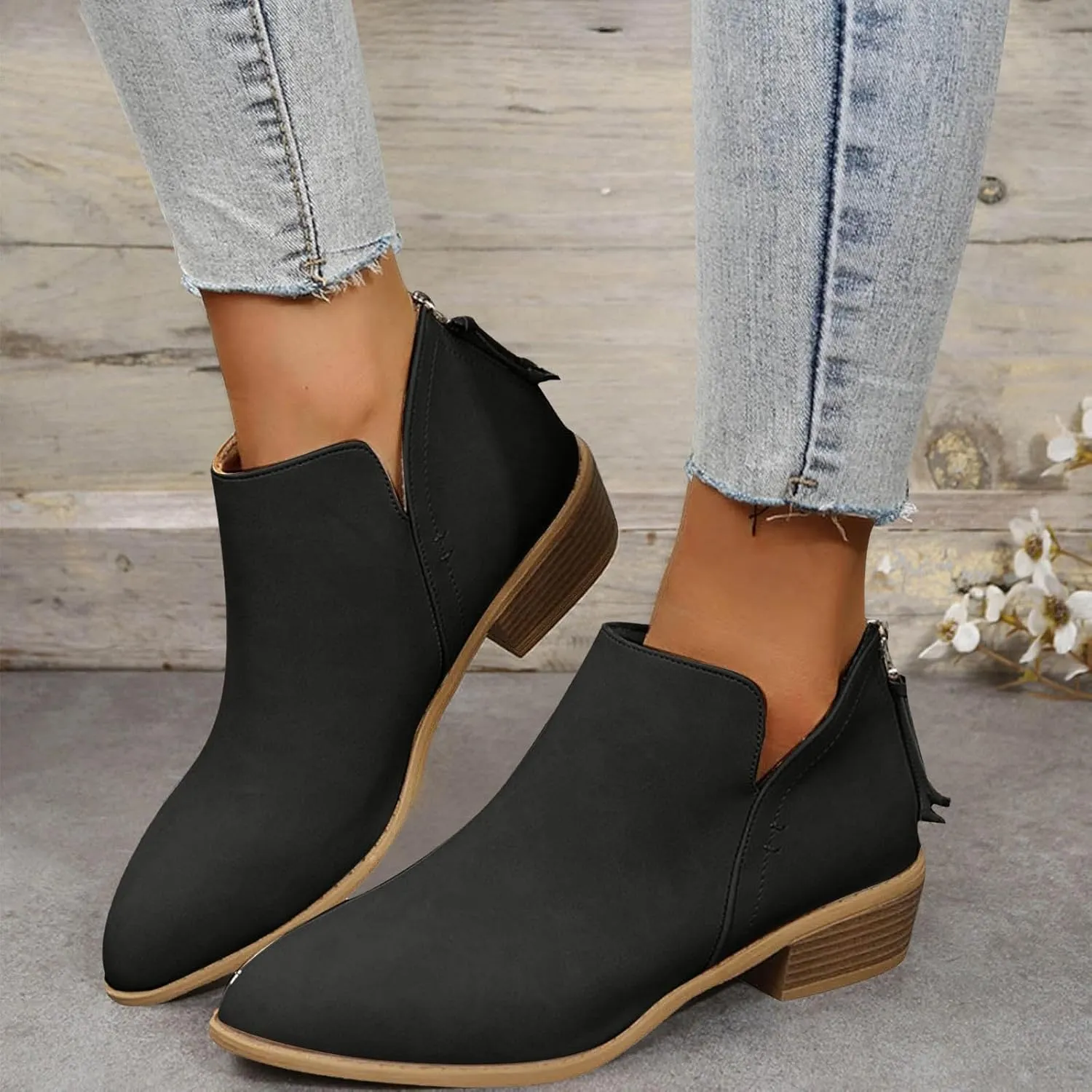Womens V Cutout Ankle Boots Fashion Pointed Toe Chunky Stacked Heel Western Booties Zip Up Cowboy Boots Shoes Suede Chunky Low Heel Pull On Short Fall Winter Work Boots