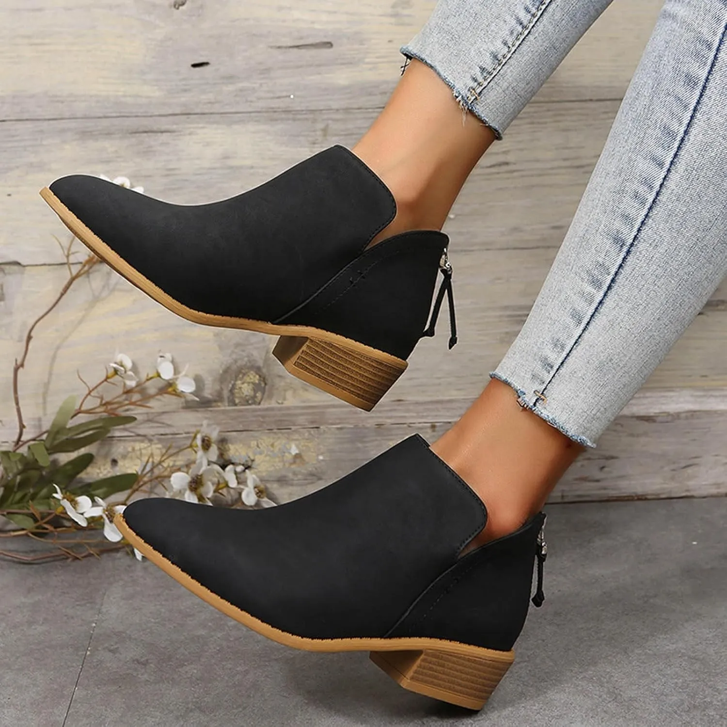 Womens V Cutout Ankle Boots Fashion Pointed Toe Chunky Stacked Heel Western Booties Zip Up Cowboy Boots Shoes Suede Chunky Low Heel Pull On Short Fall Winter Work Boots