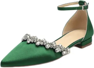 Women's Wedding Flats Crystal Satin Flat Wedding Shoes for Bride Closed Toe Pumps Shoes