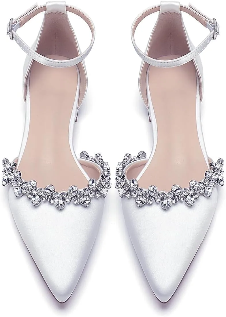 Women's Wedding Flats Crystal Satin Flat Wedding Shoes for Bride Closed Toe Pumps Shoes