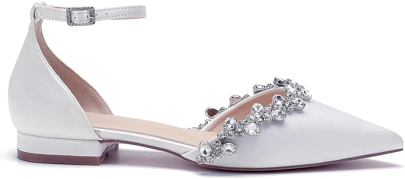 Women's Wedding Flats Crystal Satin Flat Wedding Shoes for Bride Closed Toe Pumps Shoes