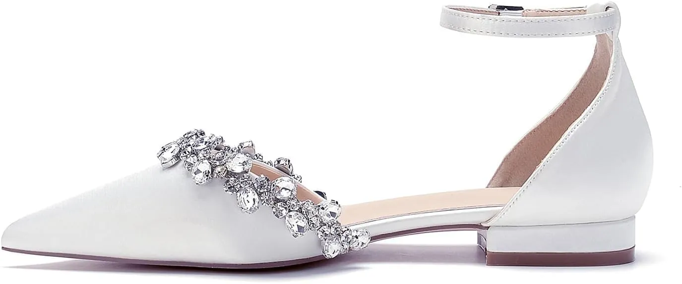Women's Wedding Flats Crystal Satin Flat Wedding Shoes for Bride Closed Toe Pumps Shoes