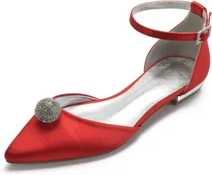 Women's Wedding Flats Shoes Satin Pointed Toe Party Dress Bridesmaid Ballet Pumps,Red,8