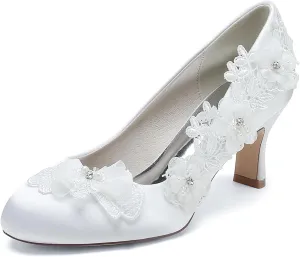 Women's Wedding Shoes Closed Toe Mid Heel Appliques Satin Pumps with Lace Flower Prom Evening Bridal Shoes