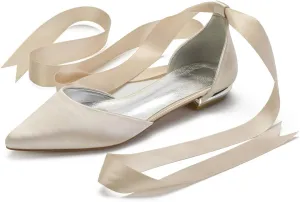 Women's Wedding Shoes Flats for Bridesmaids Closed Toe Satin Bridal Dressy Bridal Flats Shoes with Ribbon