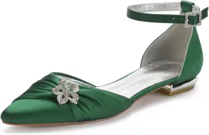 Women's Wedding Shoes for Bride Flats Pointed Toe Pumps Rhinestones Satin Ankle Strap Bridal Shoes