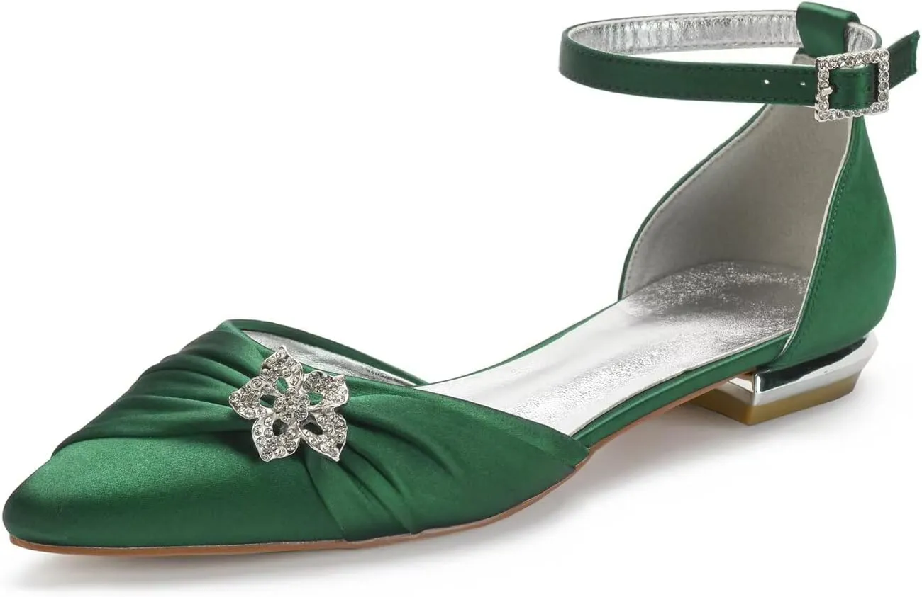 Women's Wedding Shoes for Bride Flats Pointed Toe Pumps Rhinestones Satin Ankle Strap Bridal Shoes