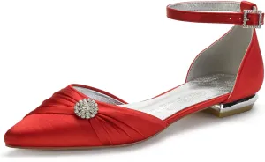 Women's Wedding Shoes for Bride Flats Pointed Toe Satin Bridal Flat Crystals Ankle Strap Dress Shoes Formal Prom Party Pumps