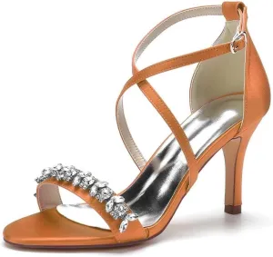 Womens Wedding Shoes Heels for Women Open Toe Buckle Ankle Strap Kitten Heels for Women Pump Block Sandals 3.34 inches Silver Black White Nude for Party Wedding(Orange,8.5)