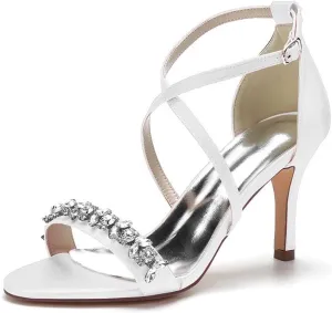 Womens Wedding Shoes Heels for Women Open Toe Buckle Ankle Strap Kitten Heels for Women Pump Block Sandals 3.34 inches Silver Black White Nude for Party Wedding(White,11)