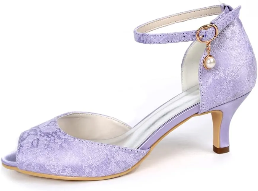 Women's Wedding Shoes Kitten Mid Low Heel Lace Satin Pumps with Buckle Bridal Shoes