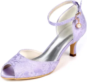 Women's Wedding Shoes Kitten Mid Low Heel Lace Satin Pumps with Buckle Bridal Shoes