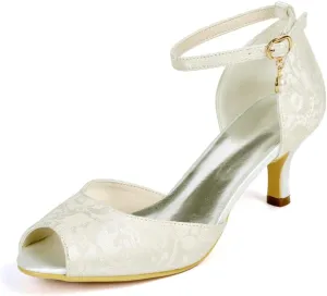 Women's Wedding Shoes Kitten Mid Low Heel Lace Satin Pumps with Buckle Bridal Shoes
