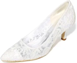 Womens Wedding Shoes Lace Wedding Shoes Closed Toe Low Heels Pointed Toe Bridal Shoes Women Mary Jane High Heels Pumps Wedding Dress Shoes(Ivory,8.5/US)