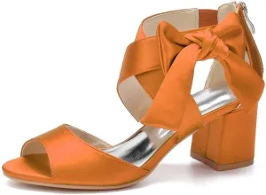 Womens Wedding Shoes Women's Low Block Heel Sandals Satin Bridal Chunky Ankle Strap Zipper Wedding Dress Shoes Low Heel Pump(Orange,11.5)