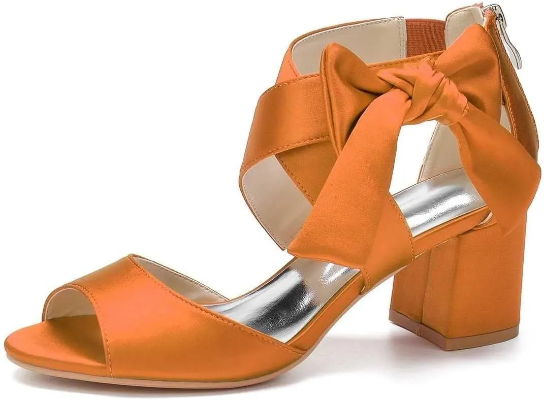 Womens Wedding Shoes Women's Low Block Heel Sandals Satin Bridal Chunky Ankle Strap Zipper Wedding Dress Shoes Low Heel Pump(Orange,11.5)