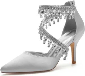 Womens Wedding Shoes Women's Pumps Shoes Pointed Toe Zipper Kitten Heel Stiletto Ankle Strap Closed Toe Wedding Party Dress Sandals(Silver,11/US)