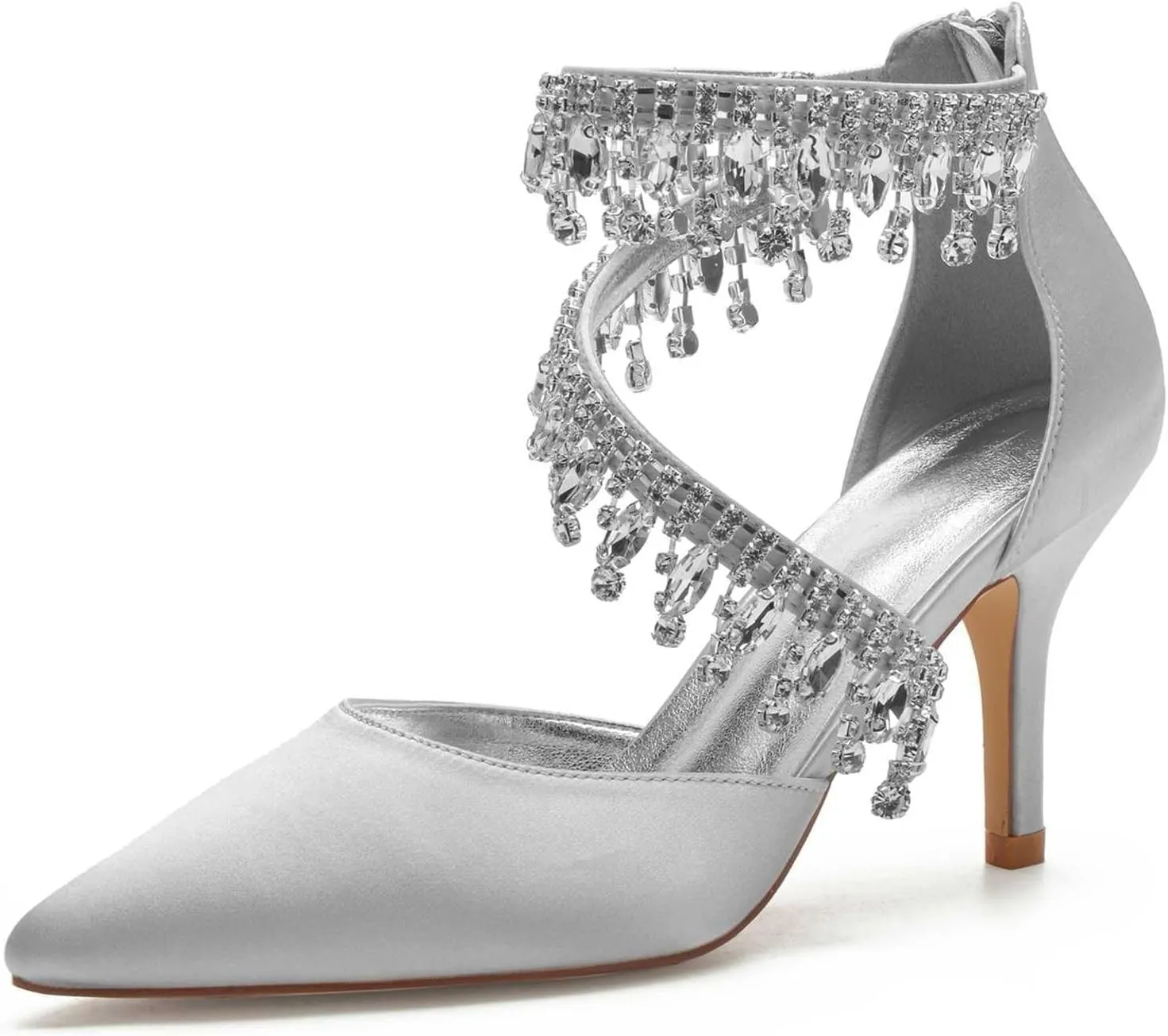 Womens Wedding Shoes Women's Pumps Shoes Pointed Toe Zipper Kitten Heel Stiletto Ankle Strap Closed Toe Wedding Party Dress Sandals(Silver,11/US)